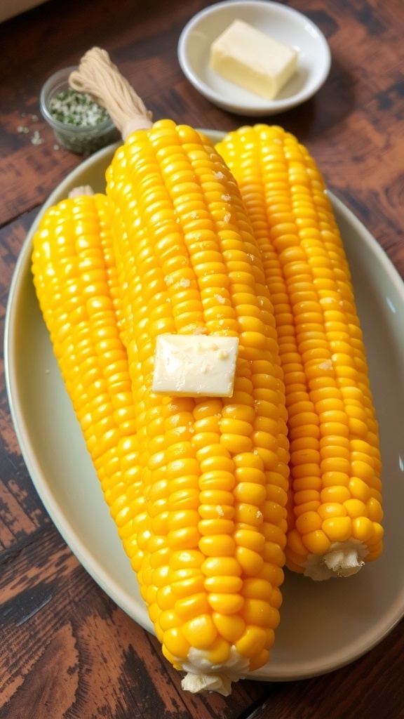 Freshly cooked corn on the cob with butter and salt on a rustic plate.